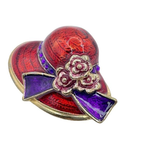 Red Hat Society Brooch Pin Red Enamel Purple Scarf Tie Flowers Gold Tone Trim 3D - Picture 9 of 10